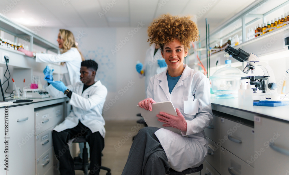 Fototapeta premium Smiling scientist wearing a lab coat sits on a stool in a modern laboratory using a digital tablet while colleagues conduct experiments in the background