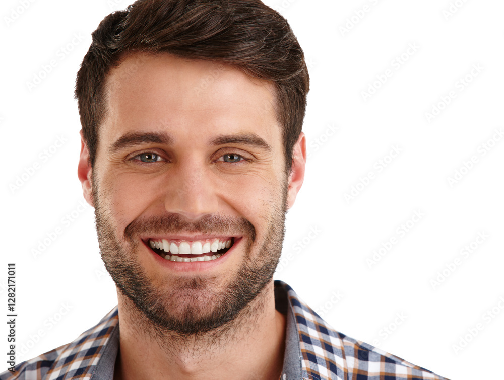 Fototapeta premium Portrait, smile and teeth of man in studio for dental care, oral care or tooth whitening treatment. Dentistry, hygiene and veneers with happy person isolated on white background for cleaning results