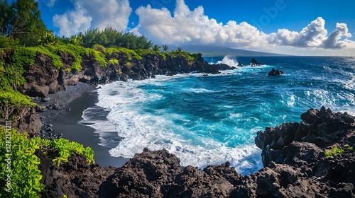 Coastal waves crash on black sand beach maui nature photography serene environment panoramic view ocean beauty