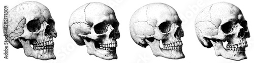 Skull in pure stippling style vector illustration. Retro vector illustration for psychedelic surreal poster, with experimental grunge dotted texture