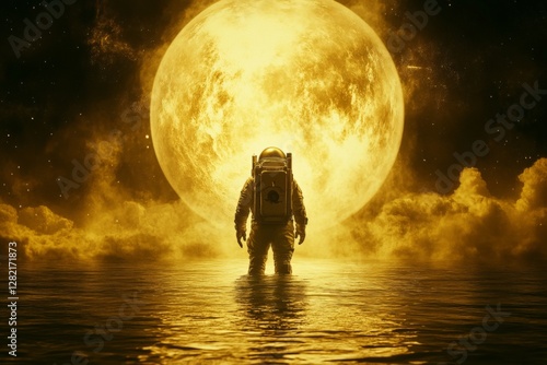 Astronaut explores a glowing landscape under a large, golden moon at dusk