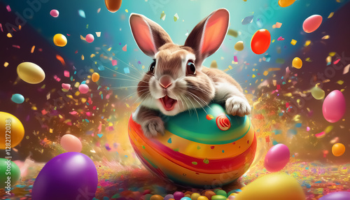 Joyful Bunny Balancing on Colorful Ball Amidst Festive Balloons and Confetti.