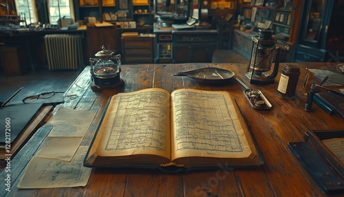 Open antique ledger book on wooden table in vintage office setting with warm ambiance