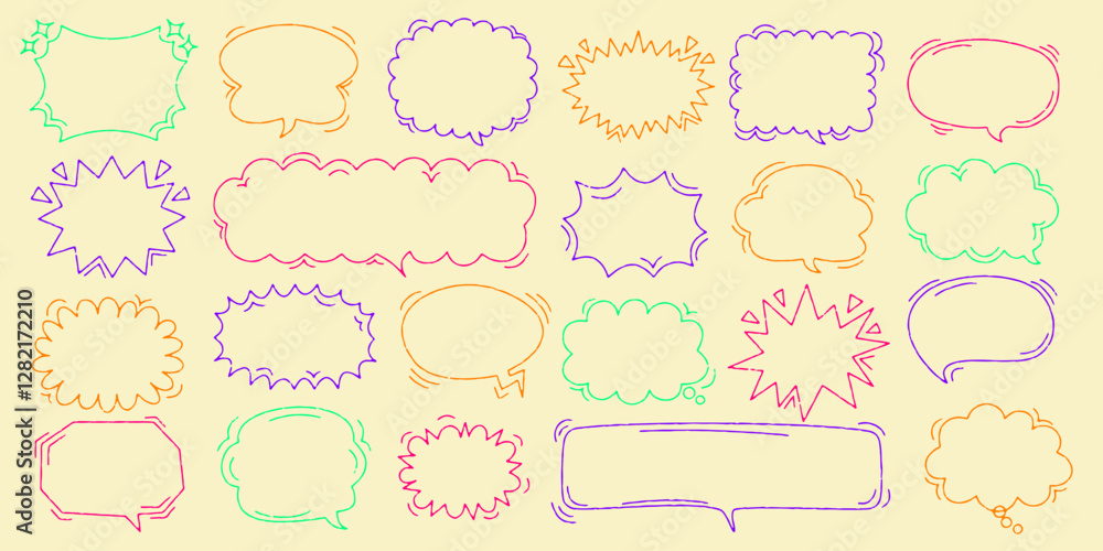 Fototapeta premium Chalk crayon speech bubbles set. Crayon balloon frame, dialogue talk in sketch style. Hand drawn vector illustration