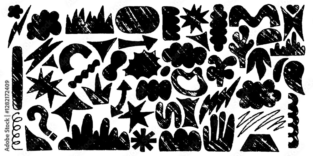 Naklejka premium Shape crayon set with chalk texture. Arrow, crown and cloud crayon texture sketch. Hand drawn vector illustration