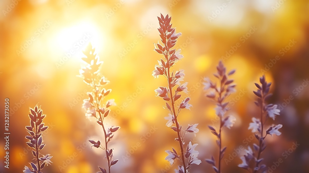 A macro shot of soft, golden prairie grasses swaying in the wind. A macro shot of soft, golden prairie grasses swaying in the wind.