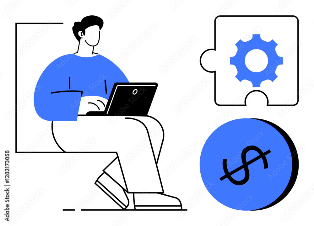 Person seated with laptop, puzzle piece with gear, dollar sign circle. Ideal for business, finance, problem-solving, technology, productivity management strategy. Modern minimalistic blue-black Person seated with laptop, puzzle piece with gear, dollar sign circle. Ideal for business, finance, problem-solving, technology, productivity management strategy. Modern minimalistic blue-black