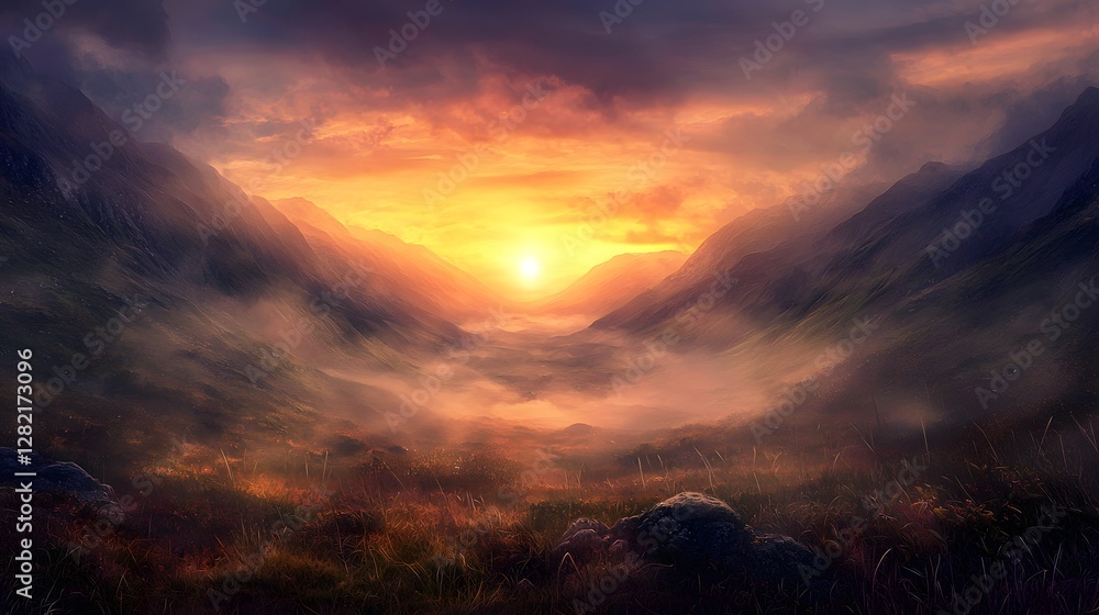 Naklejka premium Breathtaking sunset over misty valley natural landscape evening light serene environment scenic view tranquility