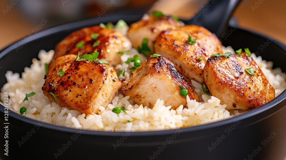 Grilled Chicken Breast with Rice and Fresh Herbs on a Plate Grilled Chicken Breast with Rice and Fresh Herbs on a Plate