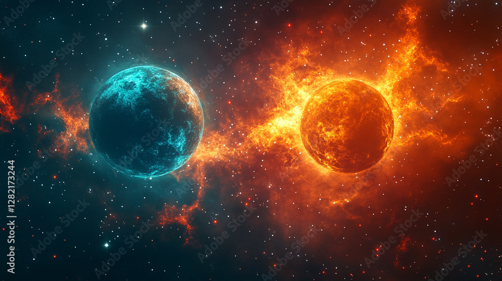Modern cosmic landscape featuring two contrasting planets in the sky symbolizing duality harmony and the balance between opposing forces Modern cosmic landscape featuring two contrasting planets in the sky symbolizing duality harmony and the balance between opposing forces