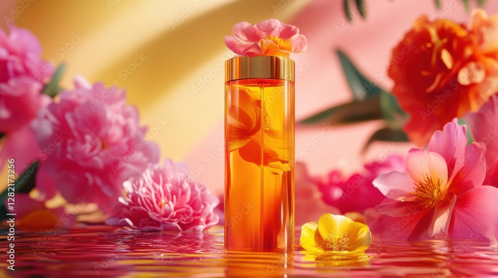 Perfume bottle surrounded by vibrant flowers Perfume bottle surrounded by vibrant flowers