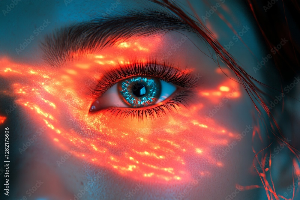 Stunning close-up of an eye illuminated by vibrant red and blue light patterns showcasing artistic photography skills Stunning close-up of an eye illuminated by vibrant red and blue light patterns showcasing artistic photography skills
