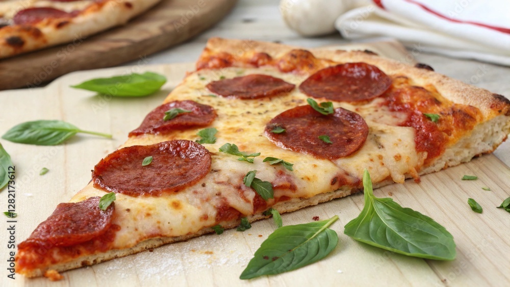 Slice of pepperoni pizza with melted cheese and crispy crust. Slice of pepperoni pizza with melted cheese and crispy crust.
