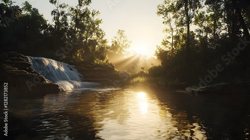 Sunrise over tranquil waterfall serene forest scenic photography nature landscape peaceful reflection