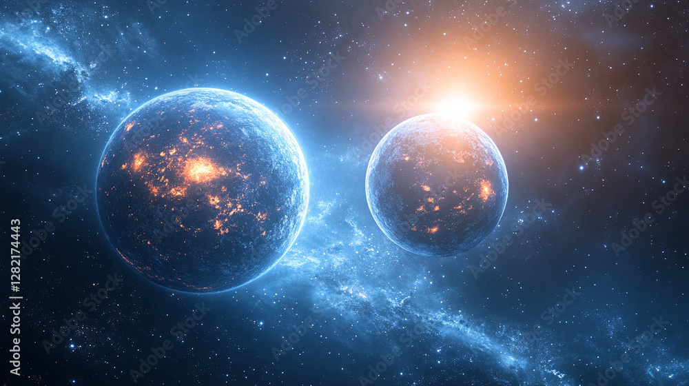 Modern cosmic landscape featuring two contrasting planets in the sky symbolizing duality harmony and the balance between opposing forces Modern cosmic landscape featuring two contrasting planets in the sky symbolizing duality harmony and the balance between opposing forces