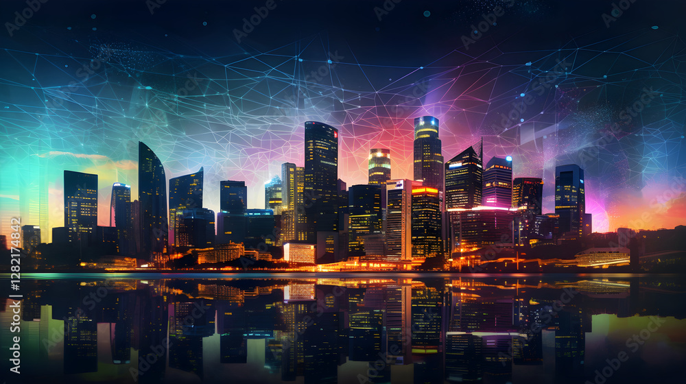 Obraz premium Digitale Metropole mit reflektierenden Lichtern und futuristischem Design