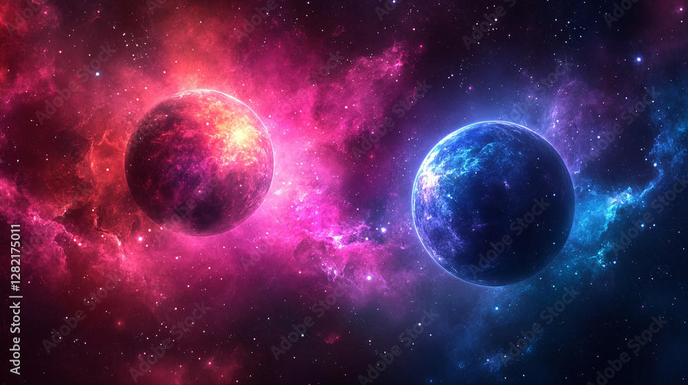 Modern cosmic landscape featuring two contrasting planets in the sky symbolizing duality harmony and the balance between opposing forces Modern cosmic landscape featuring two contrasting planets in the sky symbolizing duality harmony and the balance between opposing forces