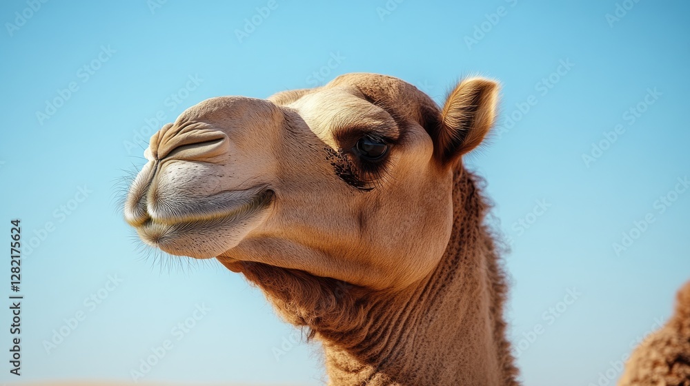 Fototapeta premium Close-up of a camel's face under a clear blue sky, showcasing its features and expressions.