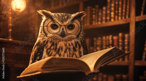 Wallpaper Mural Wisdom, Owl Sitting in Front of Open Book in Library, Surrounded by Books on Shelves, Lamp Light Illuminating Scene with Cozy and Knowledgeable Atmosphere Torontodigital.ca