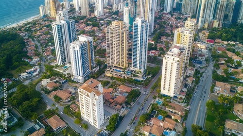 Aerial View of Modern High-Rise Buildings Overlooking Urban Coastal Cityscape at Sunset