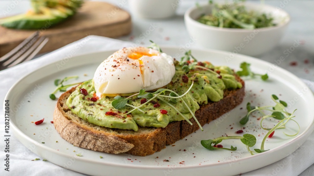 Avocado toast with poached egg and microgreens. Avocado toast with poached egg and microgreens.
