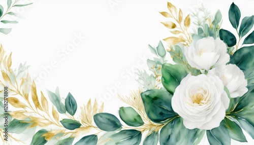 watercolor floral illustration white flowers rose peony green and gold leaf frame border for wedding stationary greetings wallpapers fashion background eucalyptus olive green leaves