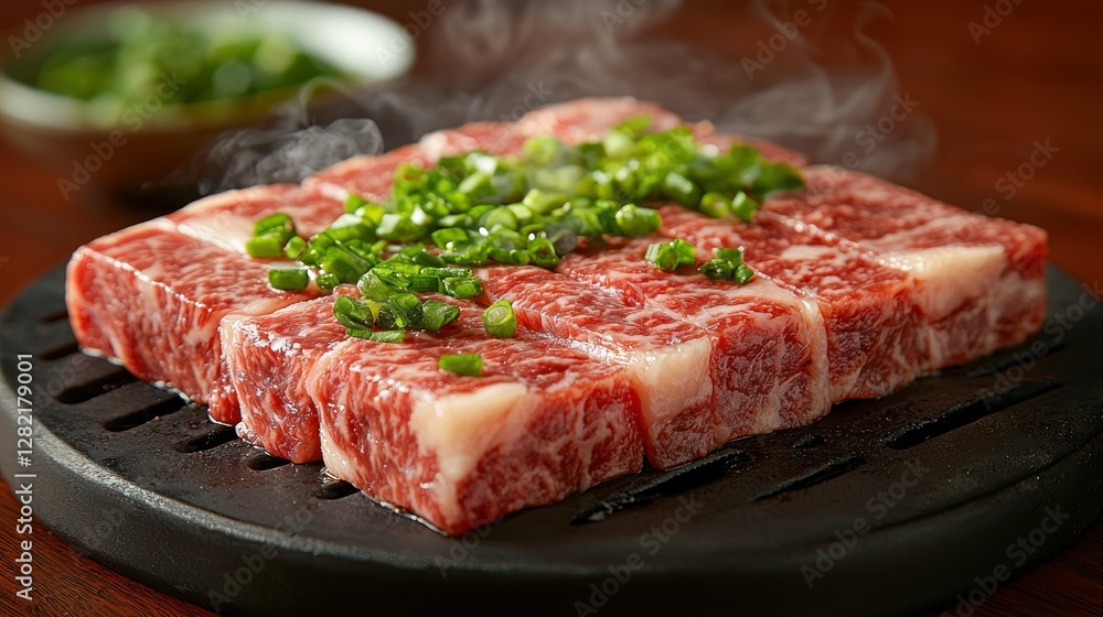 Cooking beef steak topped with onion, on the grill. Steam in background. Food photo Cooking beef steak topped with onion, on the grill. Steam in background. Food photo