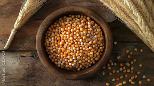 Wooden bowl of popcorn kernels, wheat stalks on rustic table. Possible use for food articles or agriculture photo