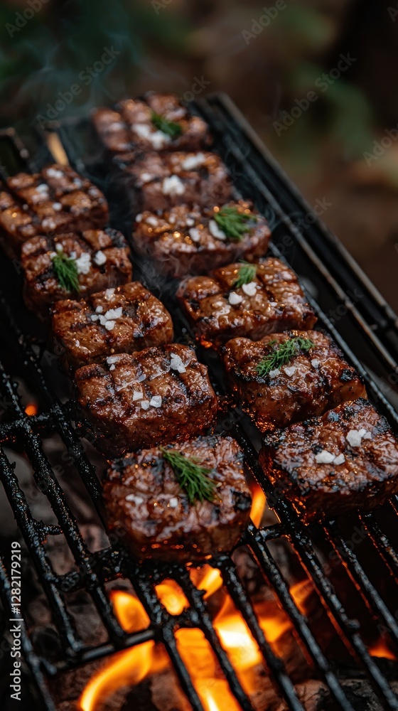 Cooking meat on a grill over a fire in the woods, likely for a picnic or party Cooking meat on a grill over a fire in the woods, likely for a picnic or party