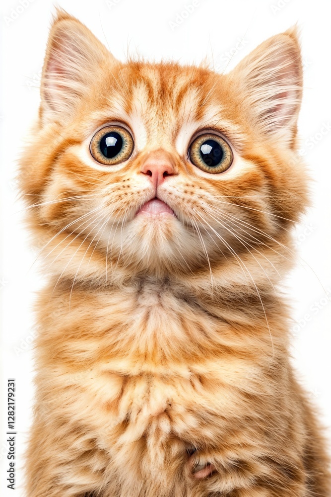 Adorable Ginger Kitten with Large Eyes, White Fur Paws, Looking Forward with Erect Ears, Set Against a White Background Creating a Cute and Playful Atmosphere Adorable Ginger Kitten with Large Eyes, White Fur Paws, Looking Forward with Erect Ears, Set Against a White Background Creating a Cute and Playful Atmosphere