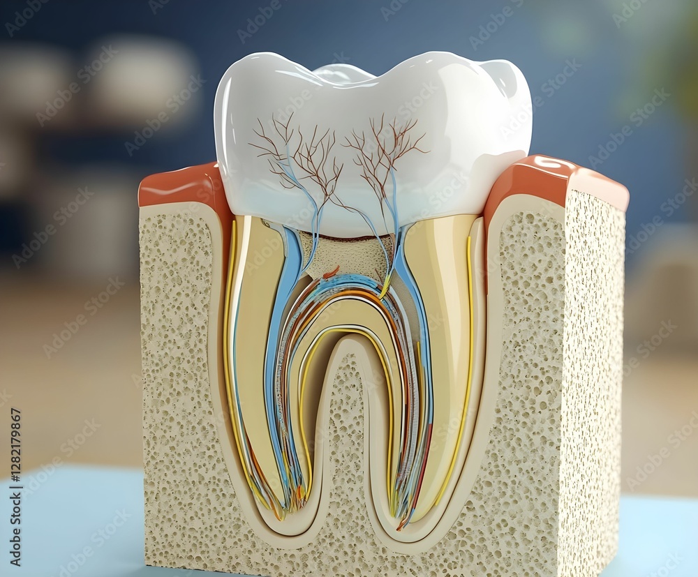 Detailed anatomical model of a human tooth highlighting internal structures and outer enamel layer Detailed anatomical model of a human tooth highlighting internal structures and outer enamel layer