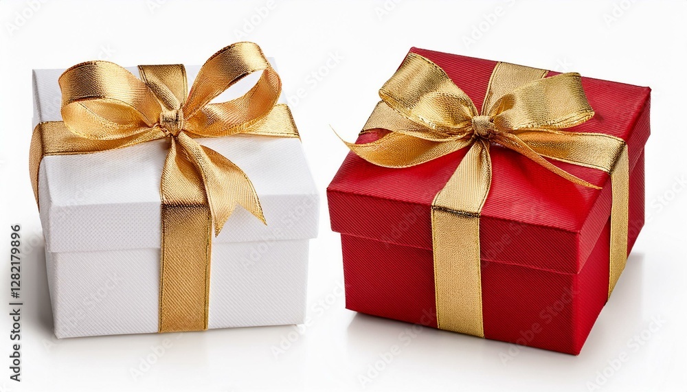 Obraz premium two white and red gift box with gold ribbon isolated on white background cutout