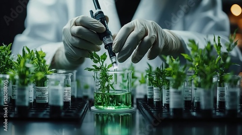 Lab technician examines plant samples under microscope in a research facility