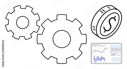 Gears, a dollar coin, and business graph symbolize financial growth, process efficiency, and economic data analysis. Ideal for finance, banking, business strategy, economic forecasting, market
