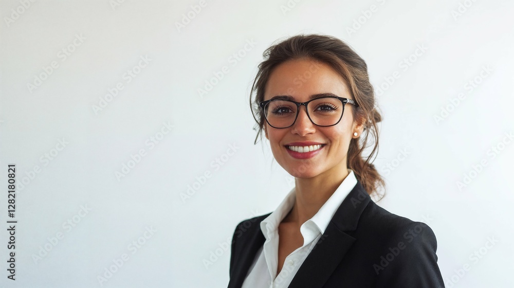 Portrait of a beautiful, smiling businesswoman in a suit, wearing glasses, isolated on a white background Portrait of a beautiful, smiling businesswoman in a suit, wearing glasses, isolated on a white background