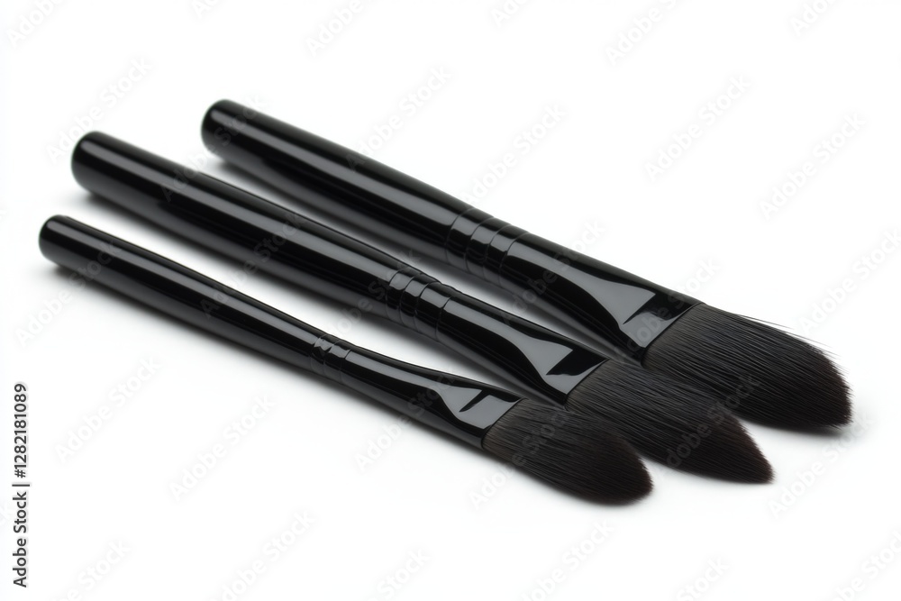 Makeup brushes arranged in a line showcasing their sleek black design and soft bristles Makeup brushes arranged in a line showcasing their sleek black design and soft bristles