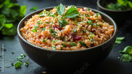 Delicious homemade red risotto with radicchio and parmesan in a bowl on a kitchen table symbolizing comfort gourmet cuisine and modern culinary art with vibrant flavors and fresh ingredients

 photo