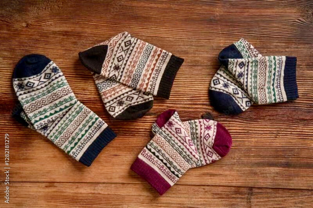A socks displayed on a table. The socks are likely made of knitted textile, showcasing various patterns. This indoor setting suggests a cozy atmosphere, typical for items related to clothing A socks displayed on a table. The socks are likely made of knitted textile, showcasing various patterns. This indoor setting suggests a cozy atmosphere, typical for items related to clothing