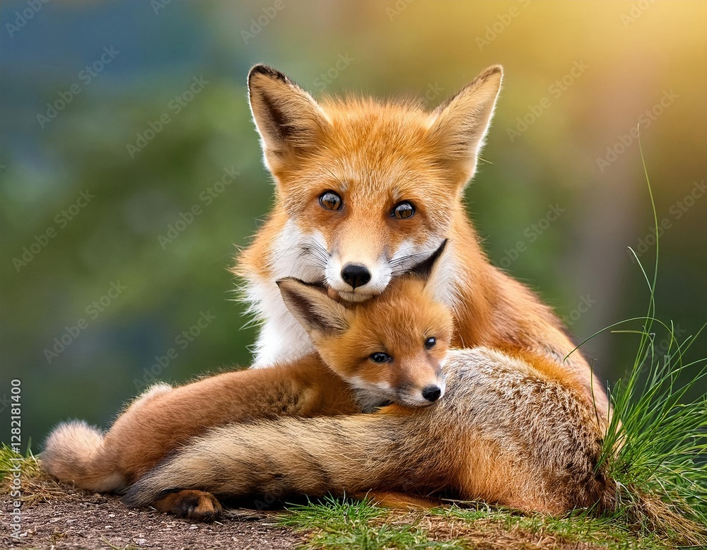 Fototapeta premium Mother fox cuddles her playful kit in a serene natural setting during golden hour