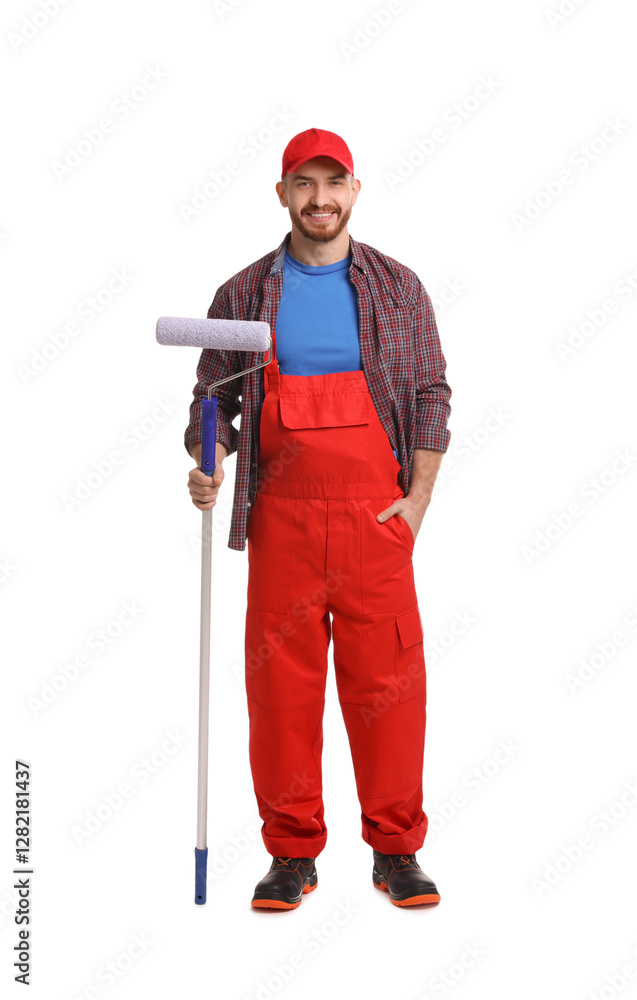 Professional painter with roller on white background Professional painter with roller on white background