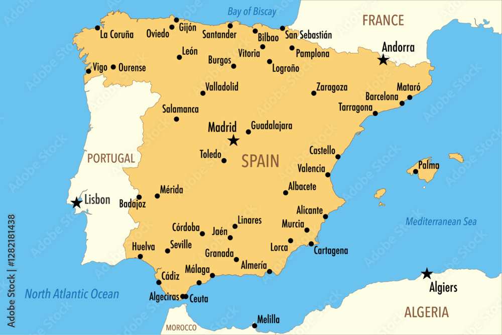 Obraz premium Vector Map of Spain with Major Cities and Neighboring Countries – Infographic Illustration