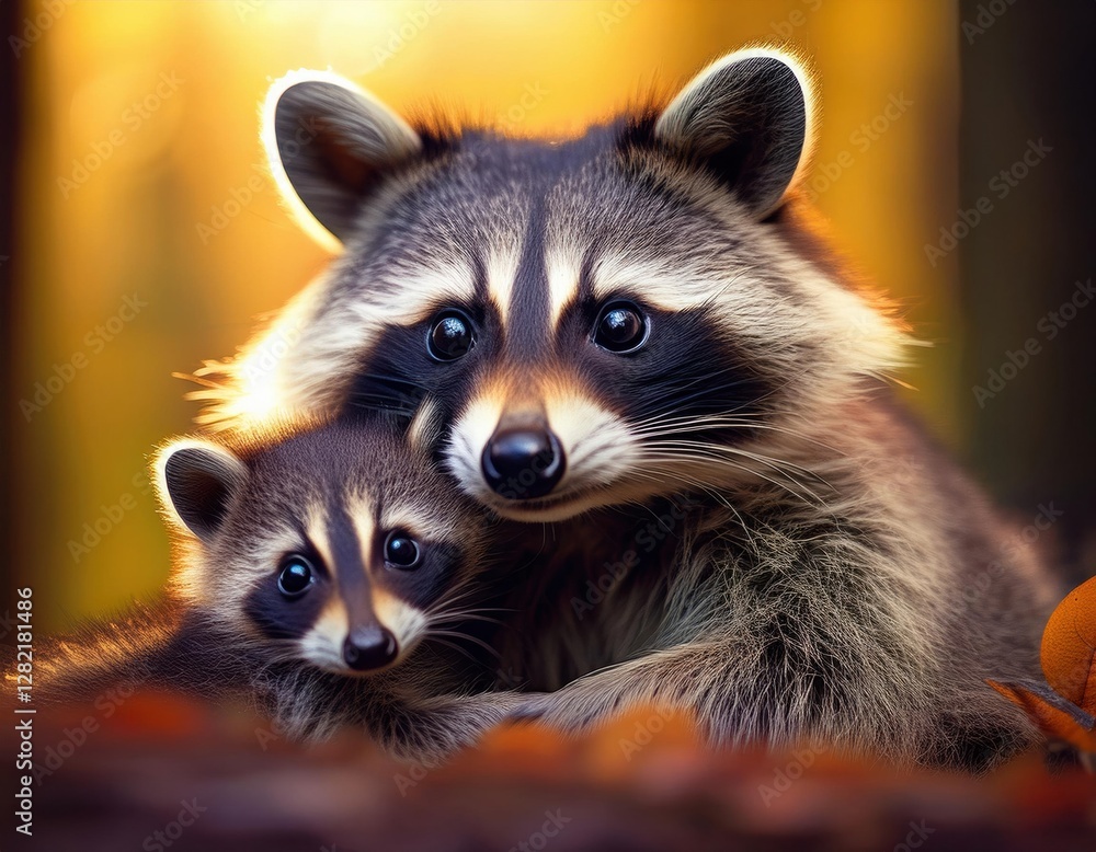 Mother raccoon cuddles with her baby in a warm, autumn setting with vibrant foliage Mother raccoon cuddles with her baby in a warm, autumn setting with vibrant foliage