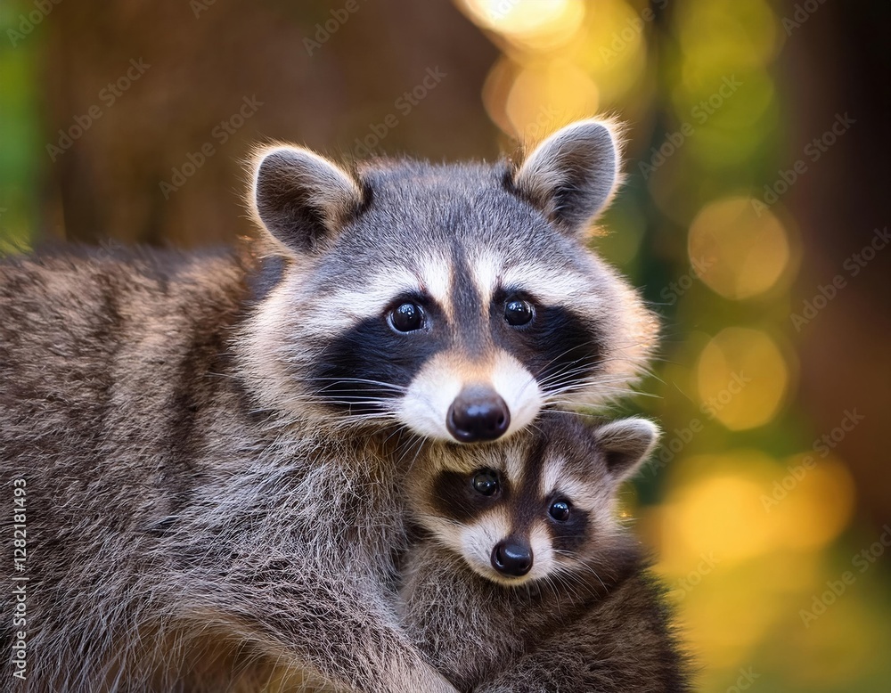 Raccoon mother and baby cuddling in a forest during golden hour Raccoon mother and baby cuddling in a forest during golden hour