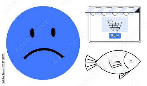 Sad face emoticon, online store purchase button with empty shopping cart, and simplistic fish outline. Ideal for online shopping, customer dissatisfaction, e-commerce, minimalism, emotional
