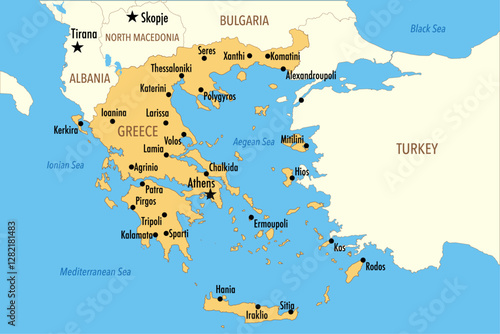 Vector Map of Greece with Major Cities and Neighboring Countries – Infographic Illustration