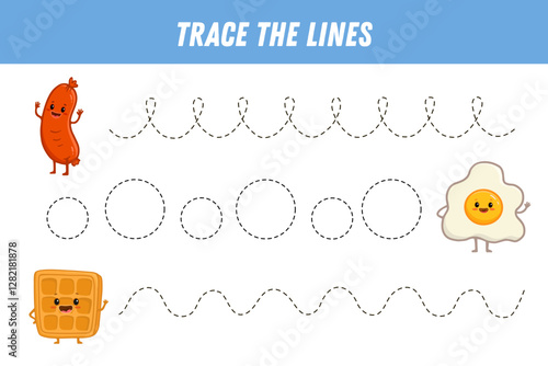 Tracing lines for kids. Cute cartoon food. Funny food characters Viennese waffle, fried egg, sausage. Handwriting practice. Educational game for preschool kids. Activity page. Vector