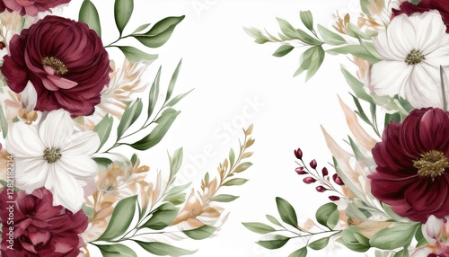 watercolor floral seamless border green leaves burgundy maroon pink peach blush white flowers leaf branches wedding invitations greetings wallpapers fashion prints eucalyptus olive rose peony