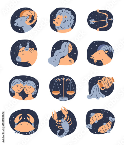 Zodiac signs, horoscope icons set. Astrology symbols. Twelve astrological avatars. Modern flat vector illustrations isolated on white background