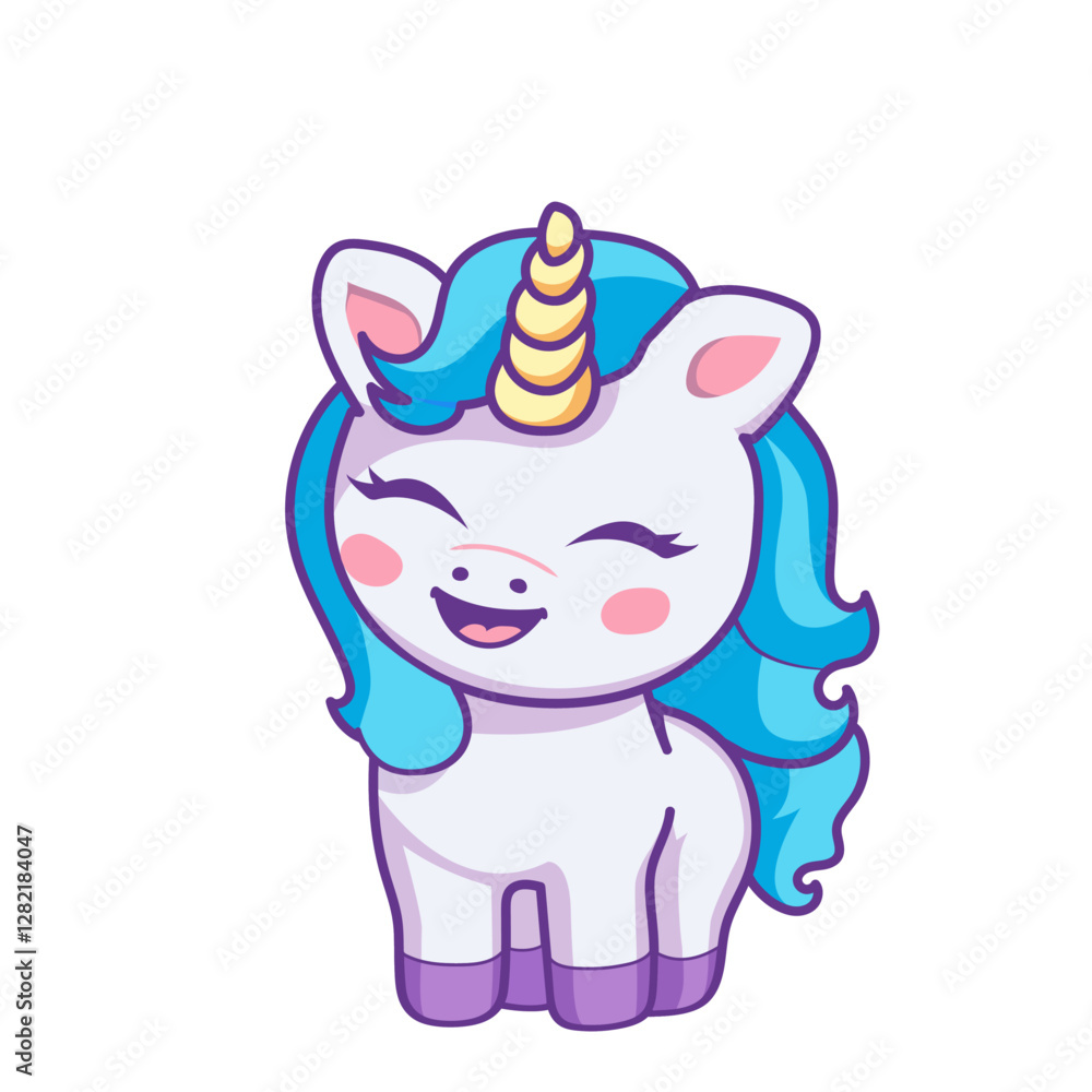 Naklejka premium Smiling baby Unicorn, isolated. Kawaii children's colorful print, poster, elememt for design of clothing, textiles, rooms.