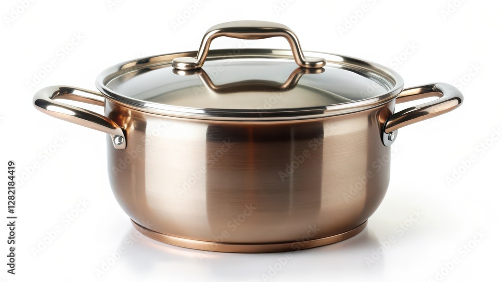 Copper-toned Stainless Steel Stockpot with Lid on White Background Copper-toned Stainless Steel Stockpot with Lid on White Background